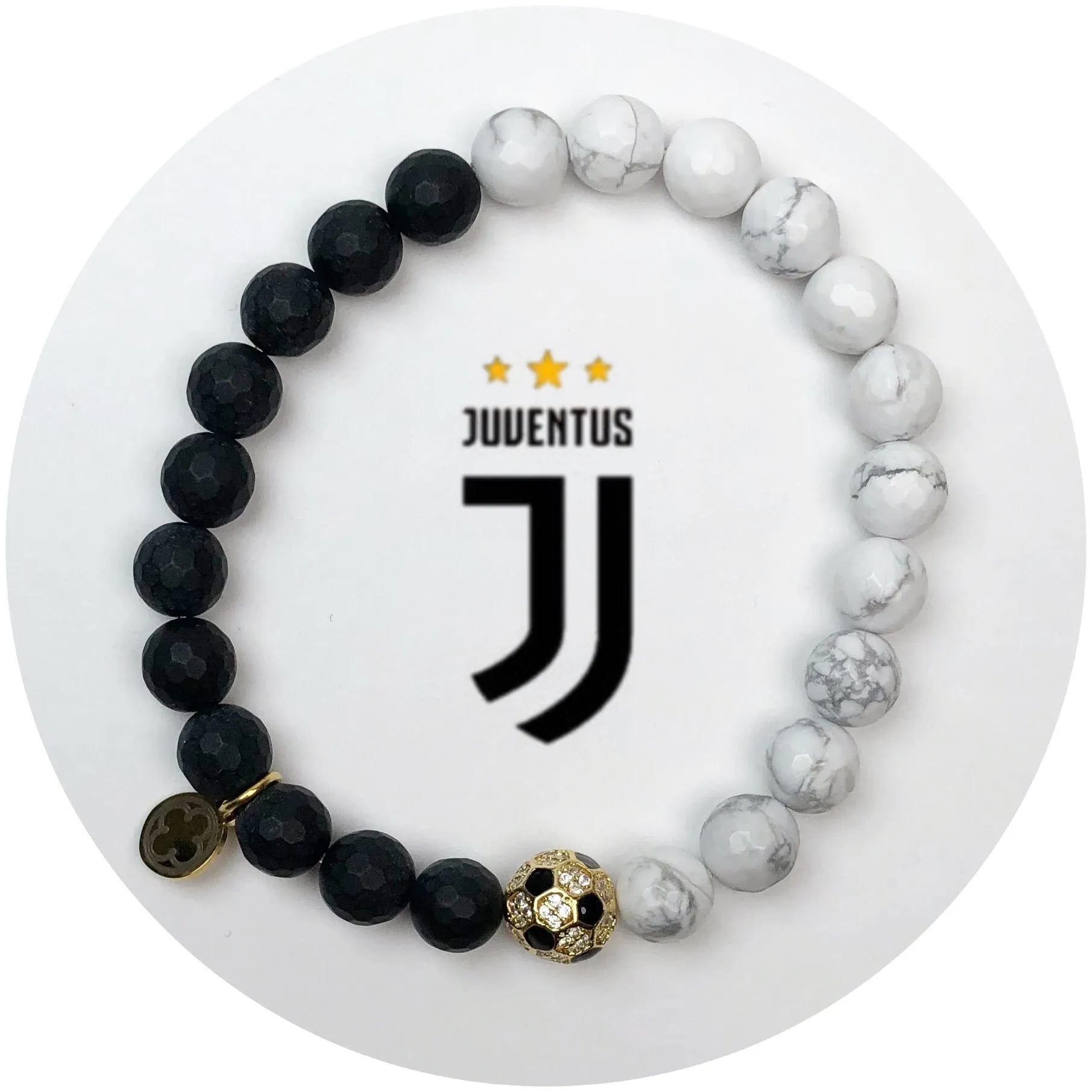 Juventus Mens Matte Black Onyx and White Howlite with Pav Soccer Ball